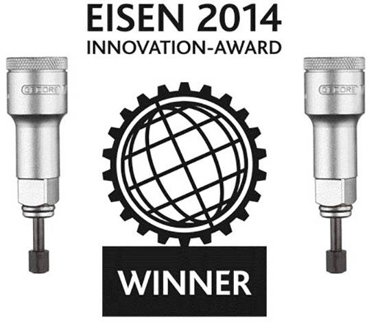 De afbeelding toont een onderscheiding met de tekst 'EISEN 2014 INNOVATION-AWARD' boven een tandwiel-logo en 'WINNER' eronder.