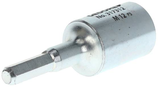Metaaladapter, compatibel met dopsleutels. Cilindrische vorm, zeskantaansluiting, bedrukt met artikelnummer en M12 F3 specificatie.