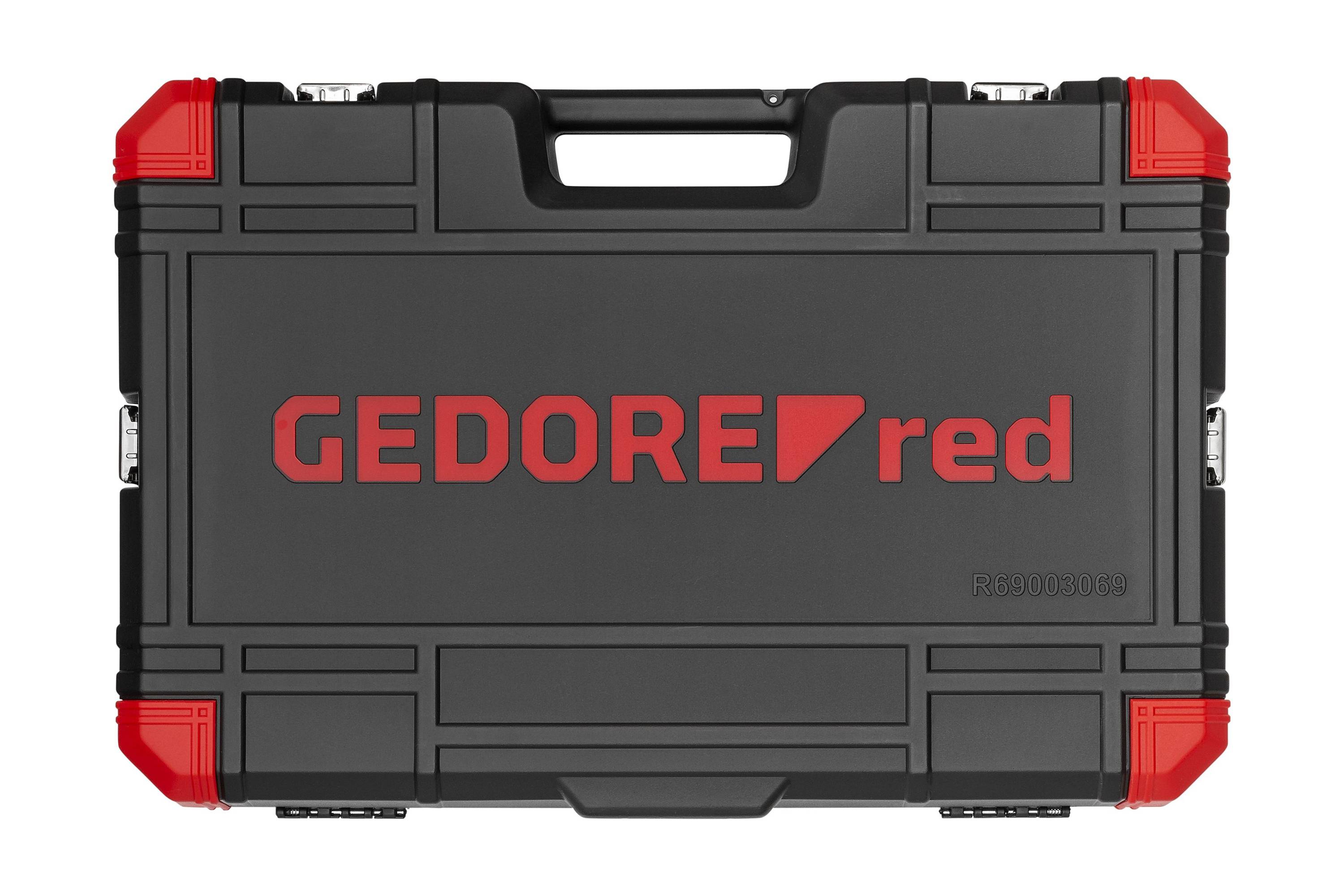 Gereedschapskoffer, zwart met rode hoeken, opschrift 'GEDORE red' in het rood.