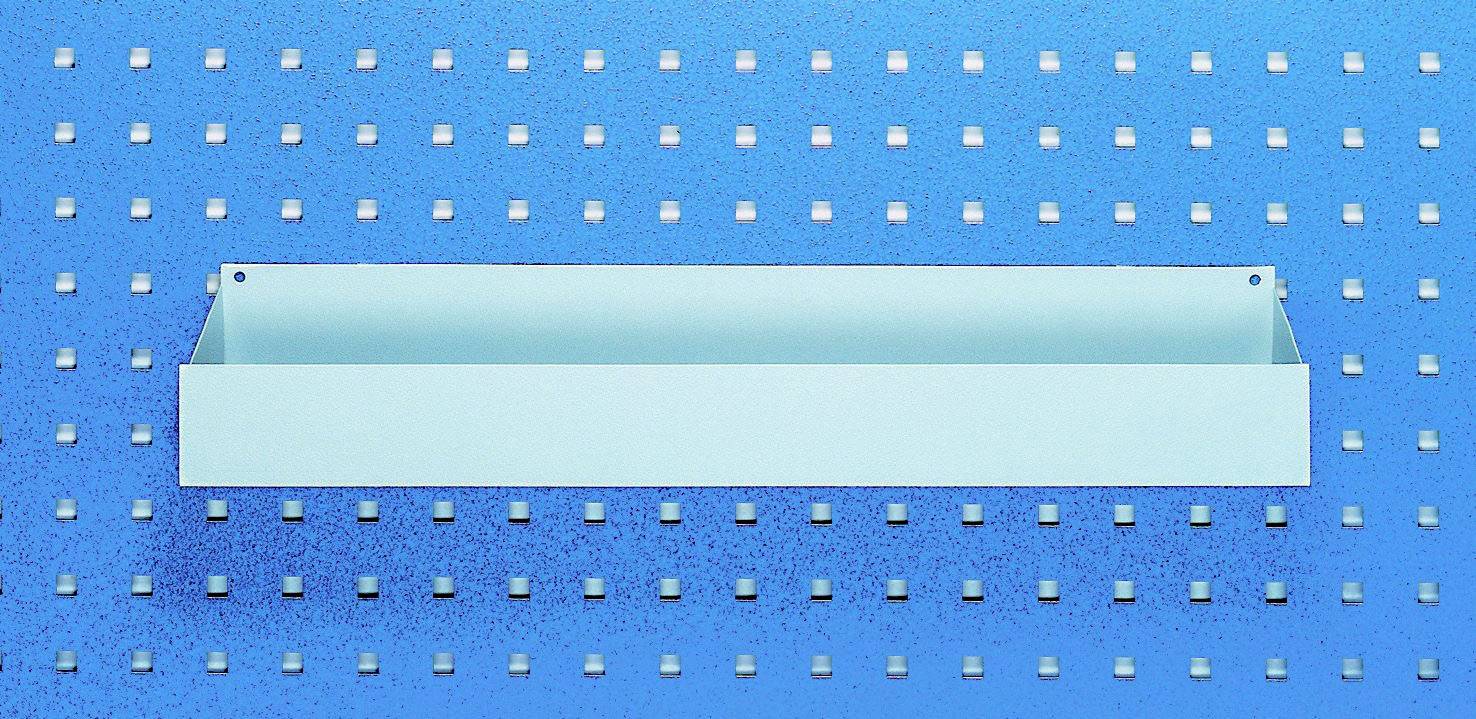 Een leeg, blauw rek voor een blauwe geperforeerde wand.