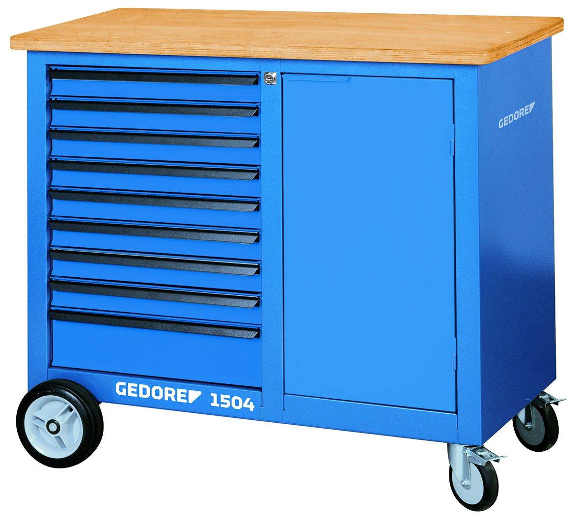 Blauwe gereedschapswagen met houten werkblad, zeven laden en een vak met deur. Wielen onderaan voor mobiliteit, geschikt voor gebruik in de werkplaats.