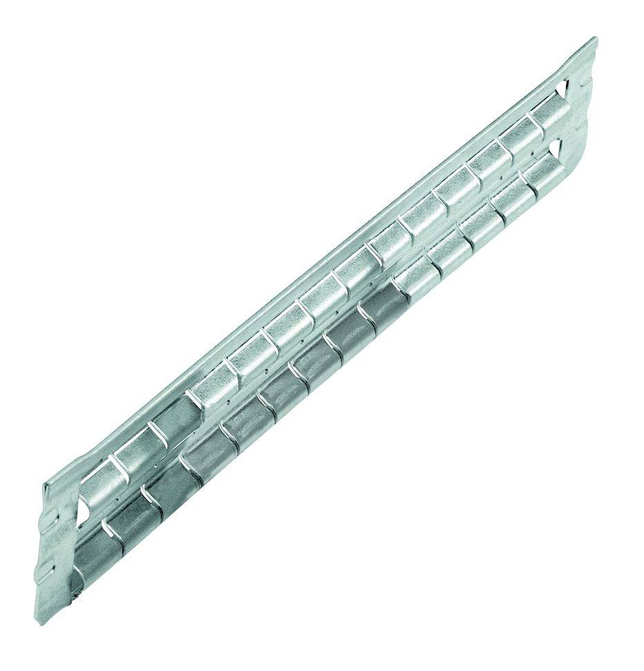 Een metalen bevestigingshoek met zijdelingse gaten en een gevouwen ontwerp, gebruikt voor stabilisatie of montage.