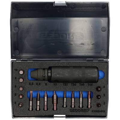 Een schroevendraaierset in een open etui. Bevat verschillende bits en een handgreep voor flexibel gebruik bij verschillende soorten schroeven.