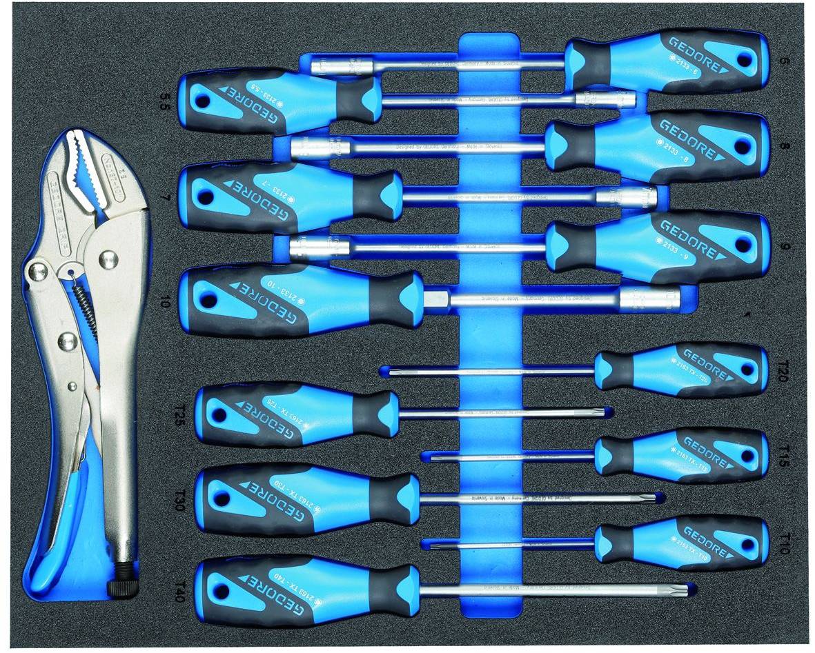 Een gereedschapsset met een tang en verschillende schroevendraaiers in verschillende maten. De handgrepen zijn blauw-zwart en ergonomisch.