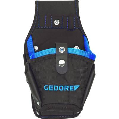 Gereedschapstas met meerdere vakken, gemaakt van zwart stof met blauwe accenten en het 'GEDORE' logo op de voorkant.