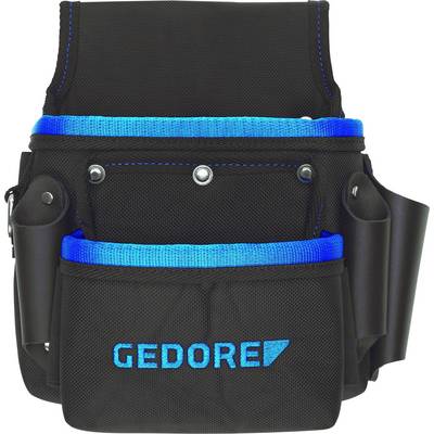 Zwarte gereedschapstas met blauwe accenten en het opschrift 'GEDORE' op de voorkant, met veel vakken voor gereedschappen.