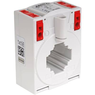 Een witte stroomtransformator met rode aansluitklem, productopschriften en QR-code. Gebruikt voor meting of isolatie in elektrische systemen.