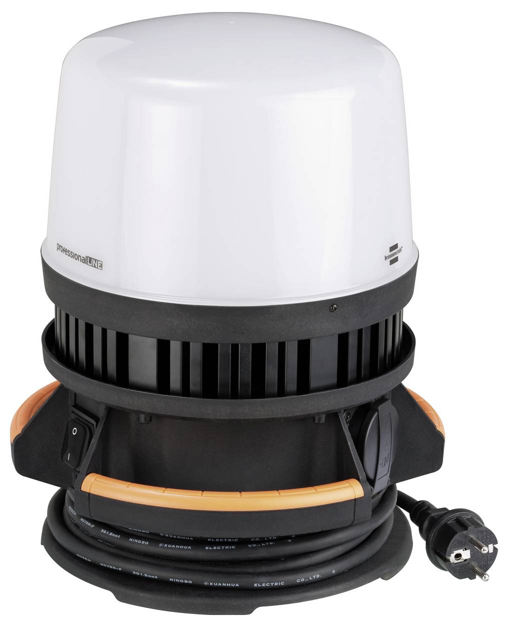 Draagbare werklamp met wit koepellens, zwart voetje, oranje handvat, opgerolde netsnoer en stekker