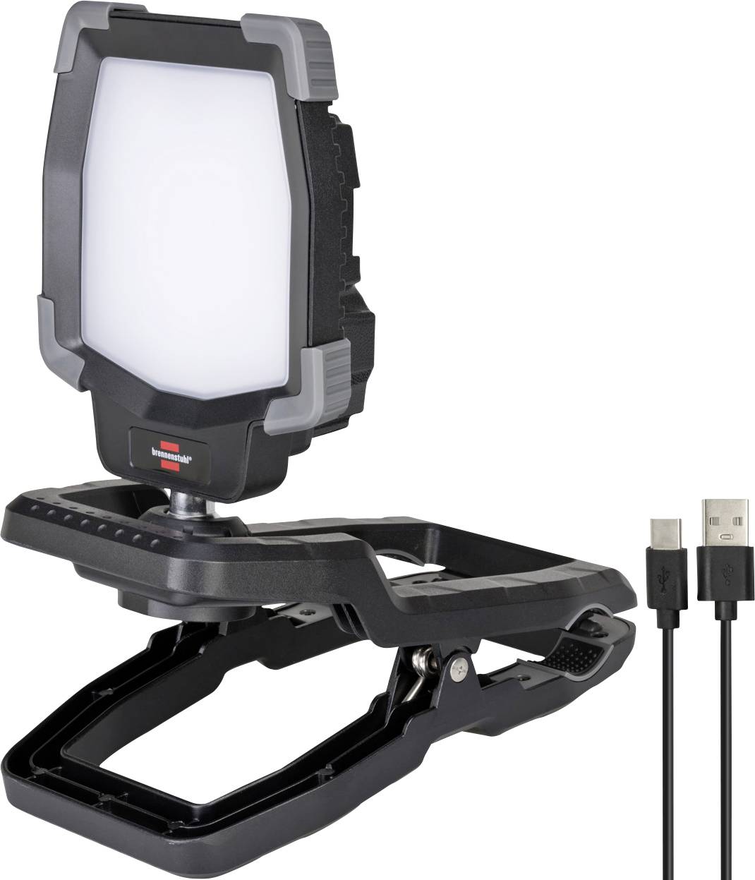 Zwarte clip-on LED-werklamp met een verstelbaar statief en aangesloten USB-oplaadkabel op een witte achtergrond.