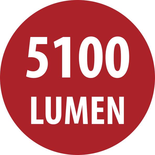 Rood cirkelvormig embleem met witte tekst waarop '5100 LUMEN' staat.