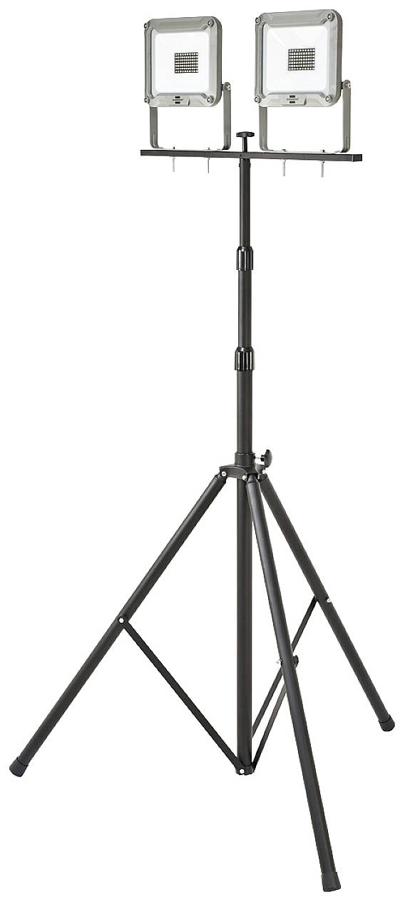 Een dubbele bouwlamp op een verstelbaar driepootstatief, geschikt voor het verlichten van werkgebieden.