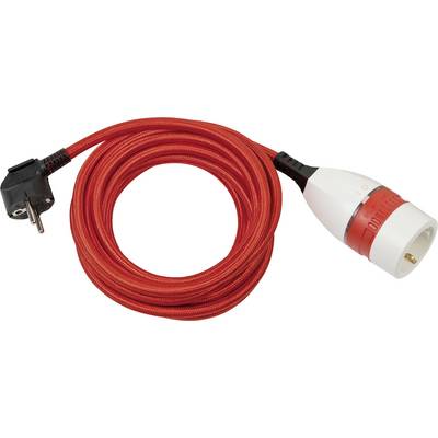 Rode opgerolde elektrische verlengsnoer met een Europese stekker aan het ene uiteinde en een witte connector aan het andere uiteinde.