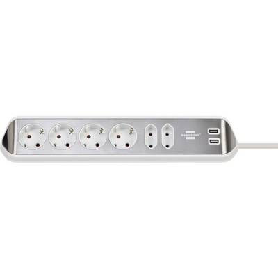 Zilveren stekkerdoos met vier Europese stopcontacten, twee verticale USB-poorten aan de rechterkant en een gecentreerd verlicht merklogo in het midden.