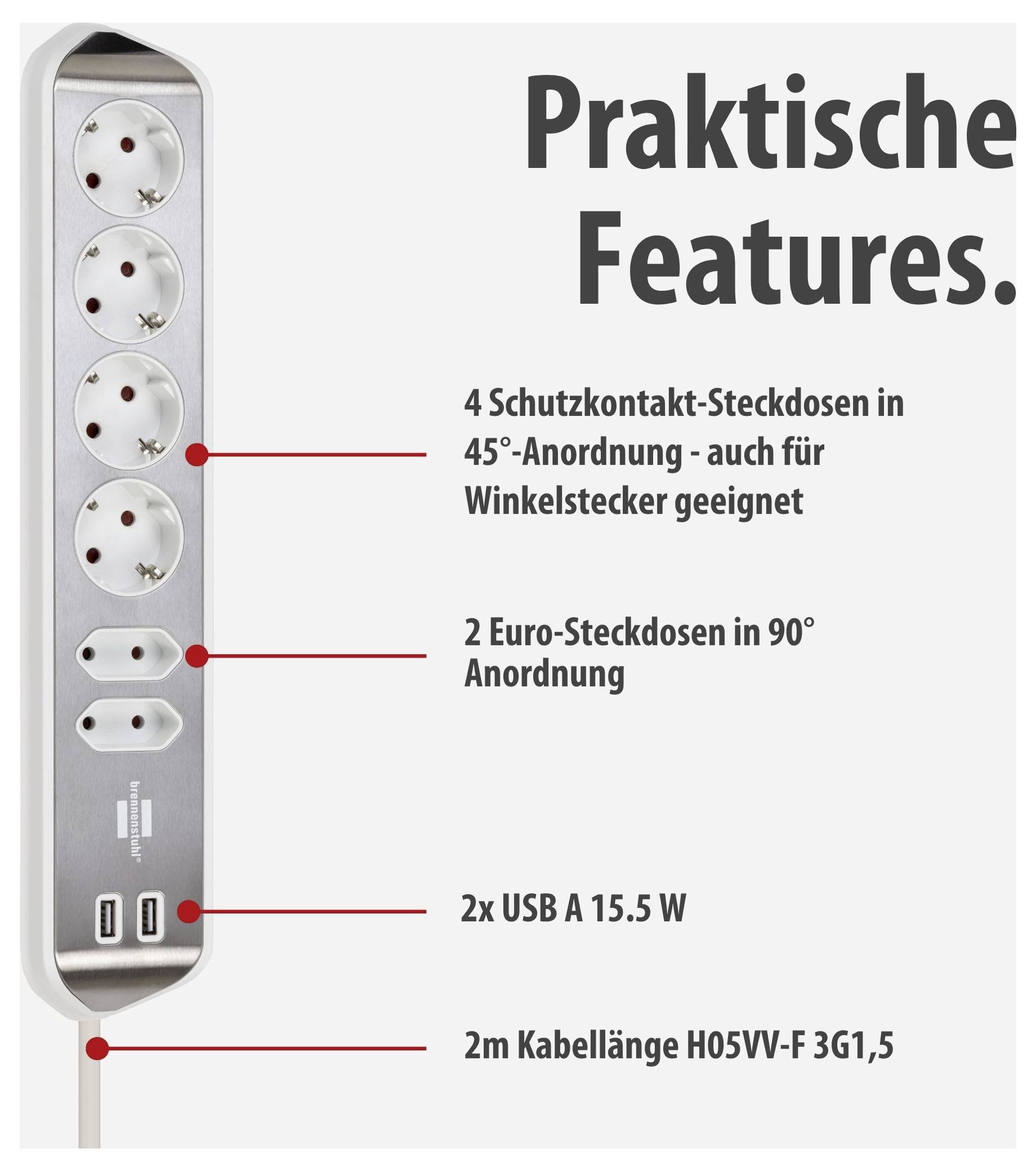 Productafbeelding van een stekkerdoos met 'Praktische Functies': 4 geaarde stekkercontacten, 2 Euro-stekkercontacten, 2 USB-A-aansluitingen, 2 m snoer.
