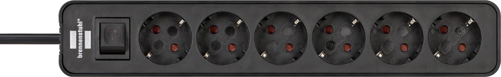 'Zwarte stekkerdoos met zes aansluitingen en een schakelaar. Geschikt voor het gelijktijdig aansluiten van meerdere apparaten.'