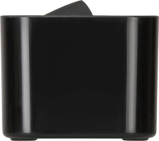 Een zwarte broodrooster met bovenaan een hefboom zichtbaar.