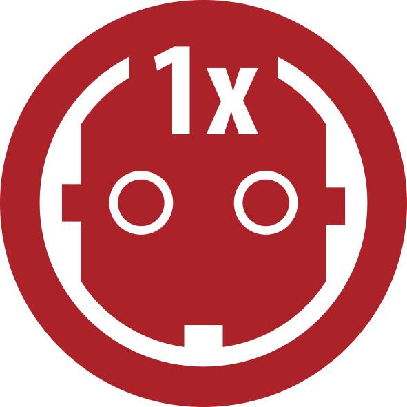 Rood cirkelvormig pictogram met een wit robotgezicht en '1x' erboven, aangevend één item of power-up.