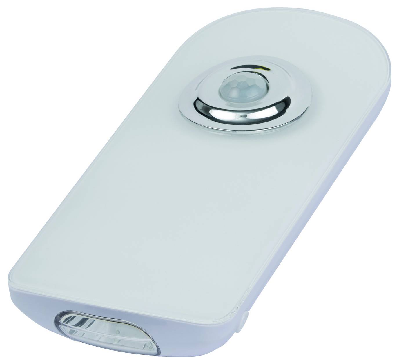 Een klein rechthoekig wit handheld apparaat met een cirkelvormige bediening of lens aan de bovenkant en een aansluitopening onderaan.