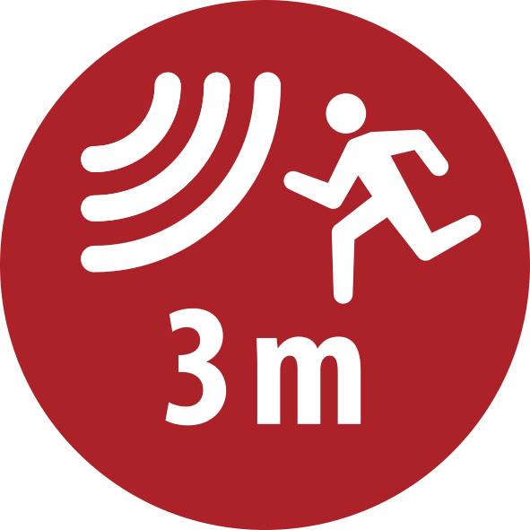 Rood cirkelvormig waarschuwingsbord met een hardloper en golfvormige geluidslijnen boven '3 m', wat een vereiste afstand van 3 meter of uitsluitingszone aangeeft.