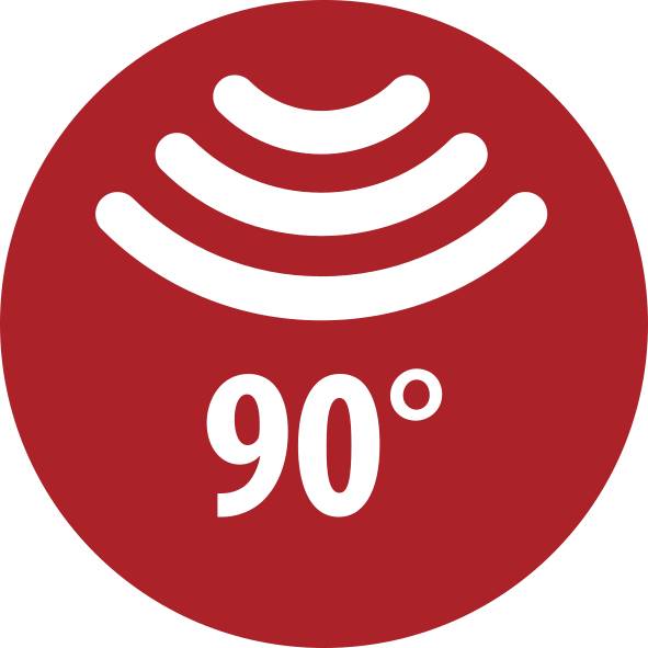 Rood rond waarschuwingspictogram met drie witte gebogen hittegolflijnen boven '90°'.