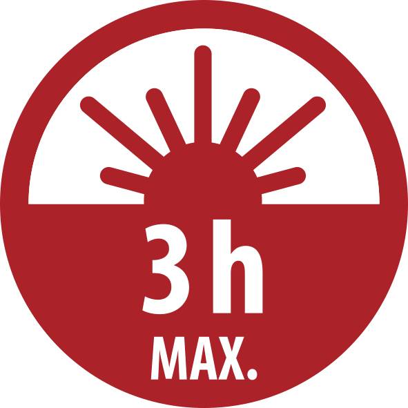 Rood cirkelvormig waarschuwingsbord met een opkomende zon pictogram en de tekst '3h MAX.', wat aangeeft dat er een maximale limiet van 3 uur geldt.