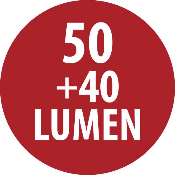 Rood rond etiket met de witte tekst '50 +40 LUMEN'.