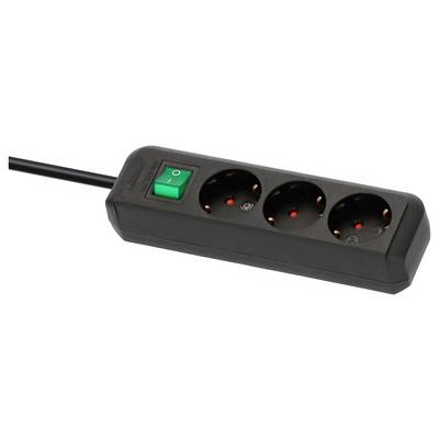 Zwart stroomverdeelblok met een groene aan/uit-schakelaar en drie ronde stopcontacten, weergegeven met het snoer eraan bevestigd.