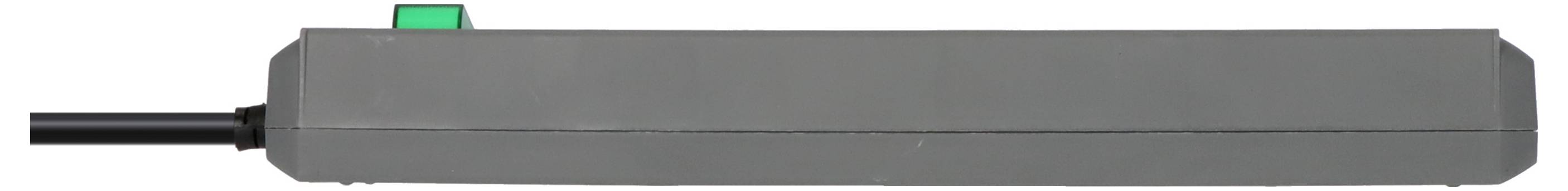 Rechthoekige grijze elektrische component met een zwart snoer aan de linkerkant en een klein groen schakelaar/lipje bovenop.