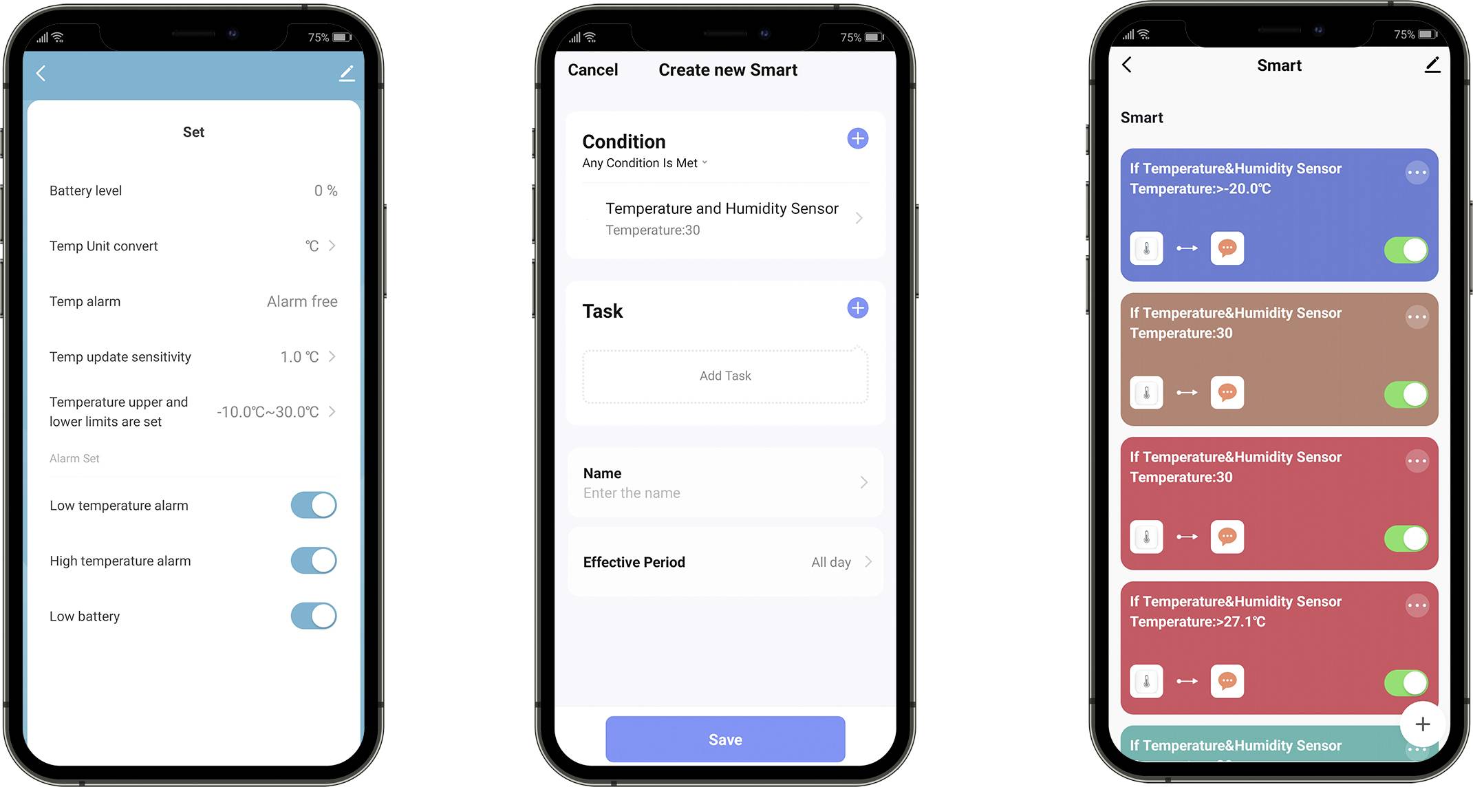 Drie smartphoneschermen tonen bedieningsmogelijkheden voor temperatuursensoren. Links: Temperatuurgrens instellen. Midden: Voorwaarden bepalen. Rechts: Geautomatiseerd taakoverzicht.