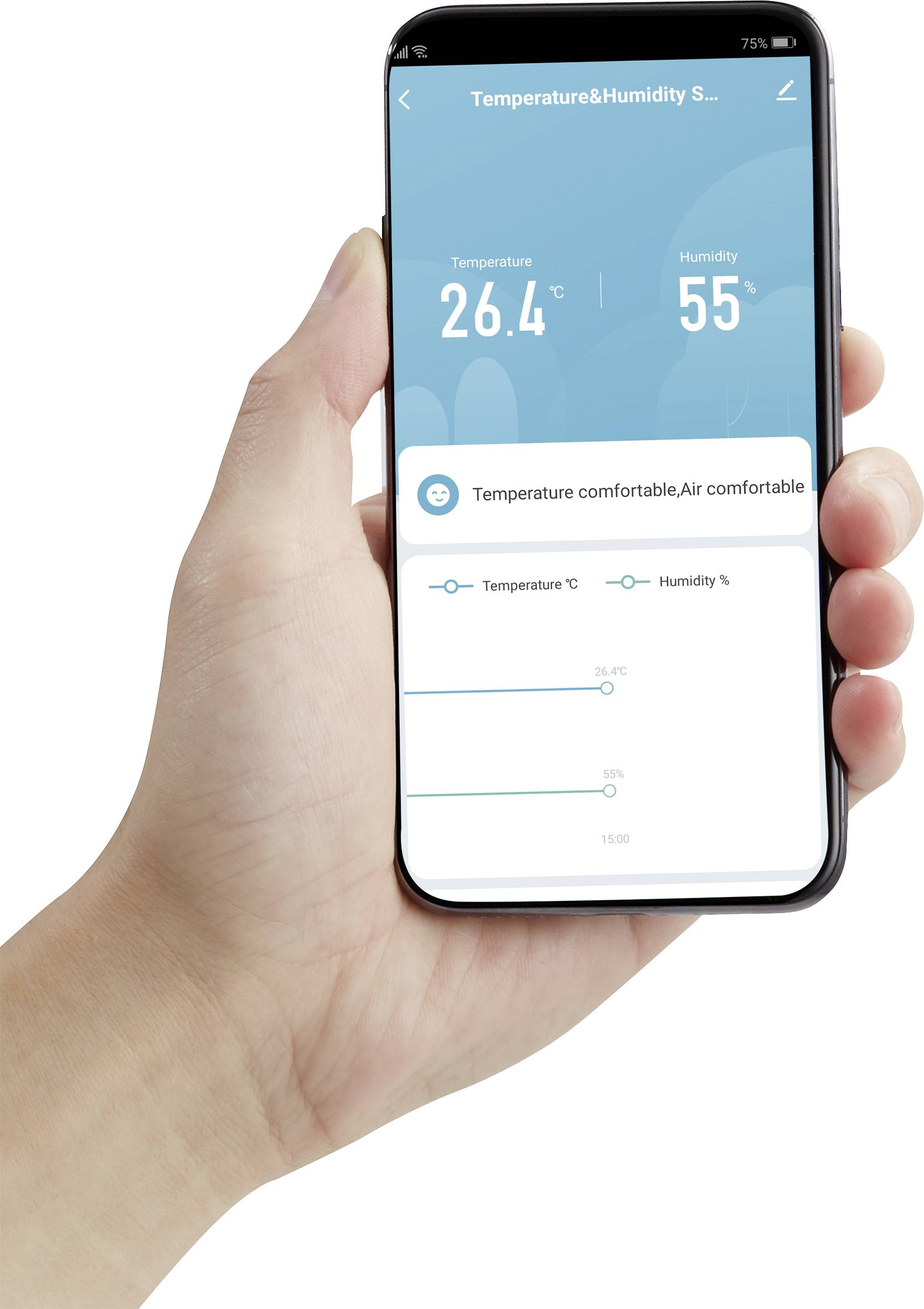 Een hand houdt een smartphone vast waarop een app voor temperatuur- en vochtigheidsbewaking wordt getoond. Temperatuur 26,4 °C, luchtvochtigheid 55%.