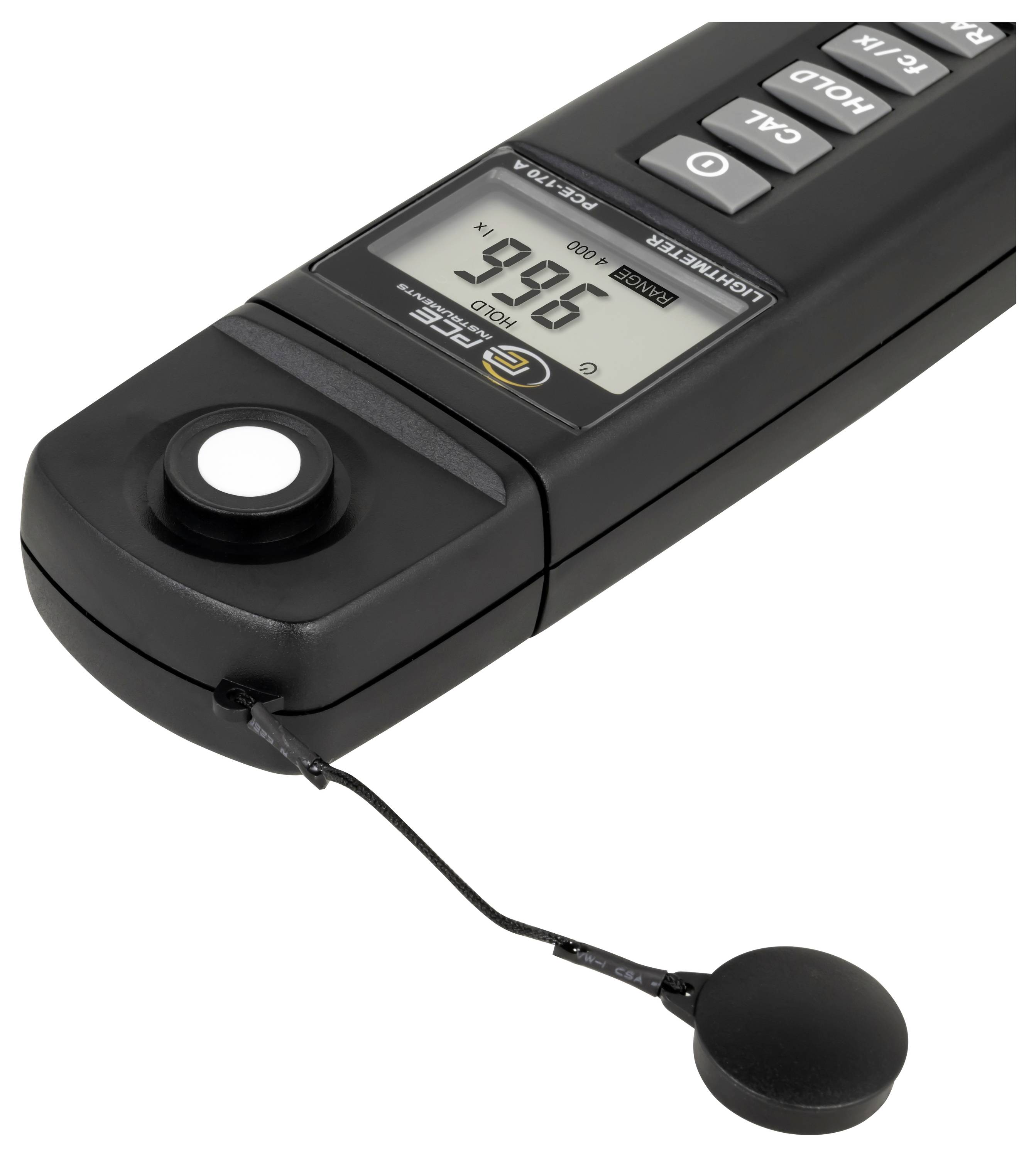 Draagbare digitale lichtmeter met een ronde sensorkap en polsband, weergegeven op een witte achtergrond.