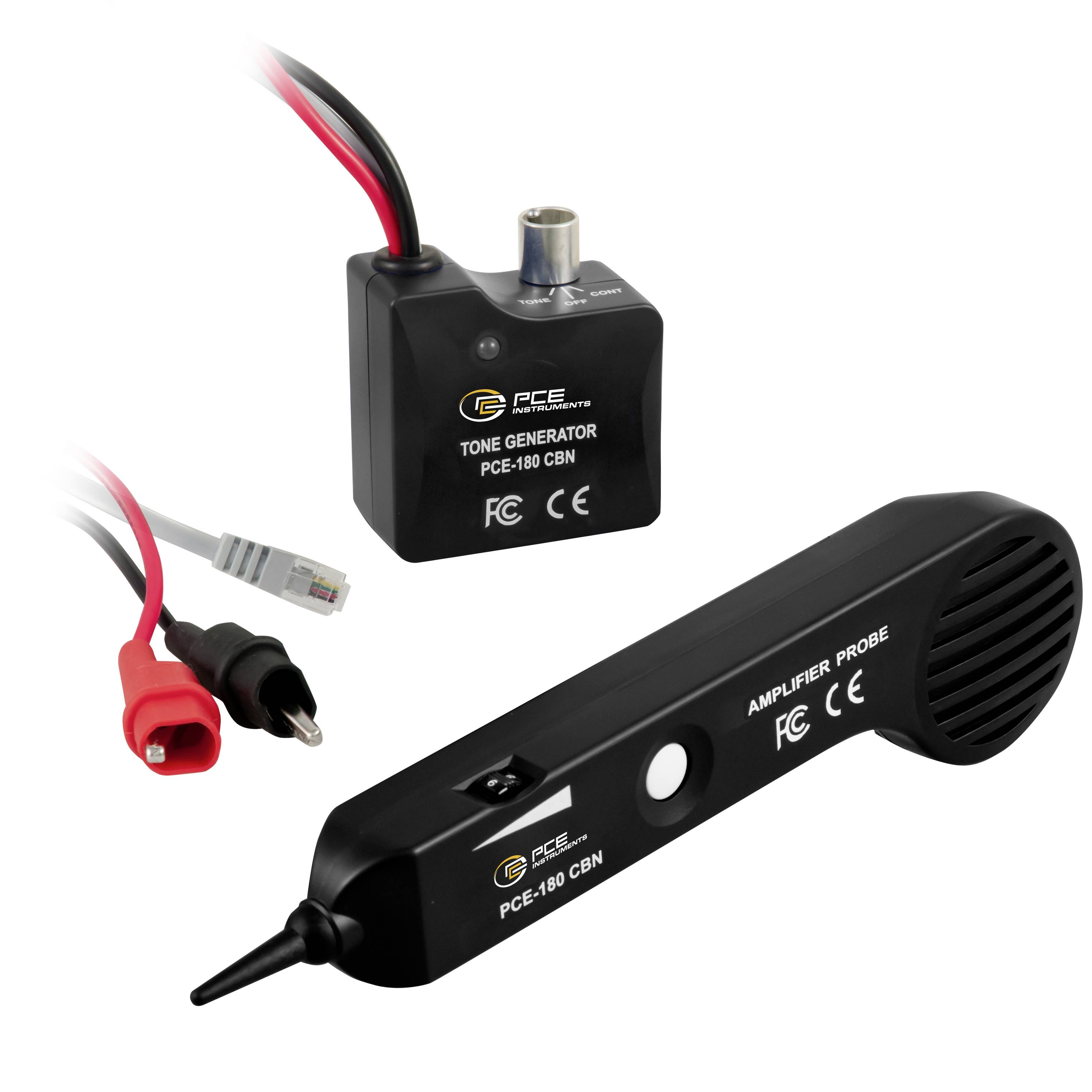 Twee-delige toongenrator- en versterkerprobe-kit met kabels en connectoren voor het traceren van draden.