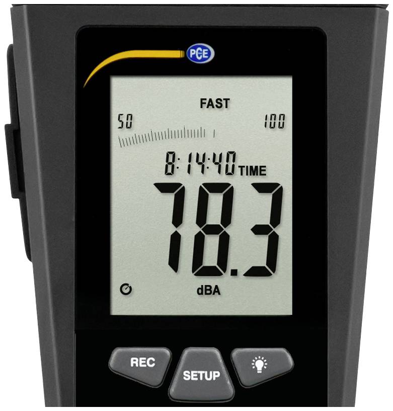 Digitaal meetapparaat toont geluidsdrukniveau in decibel (78,3 dBA), tijd 8:14:40. Knoppen voor opname, instelling en verlichting.