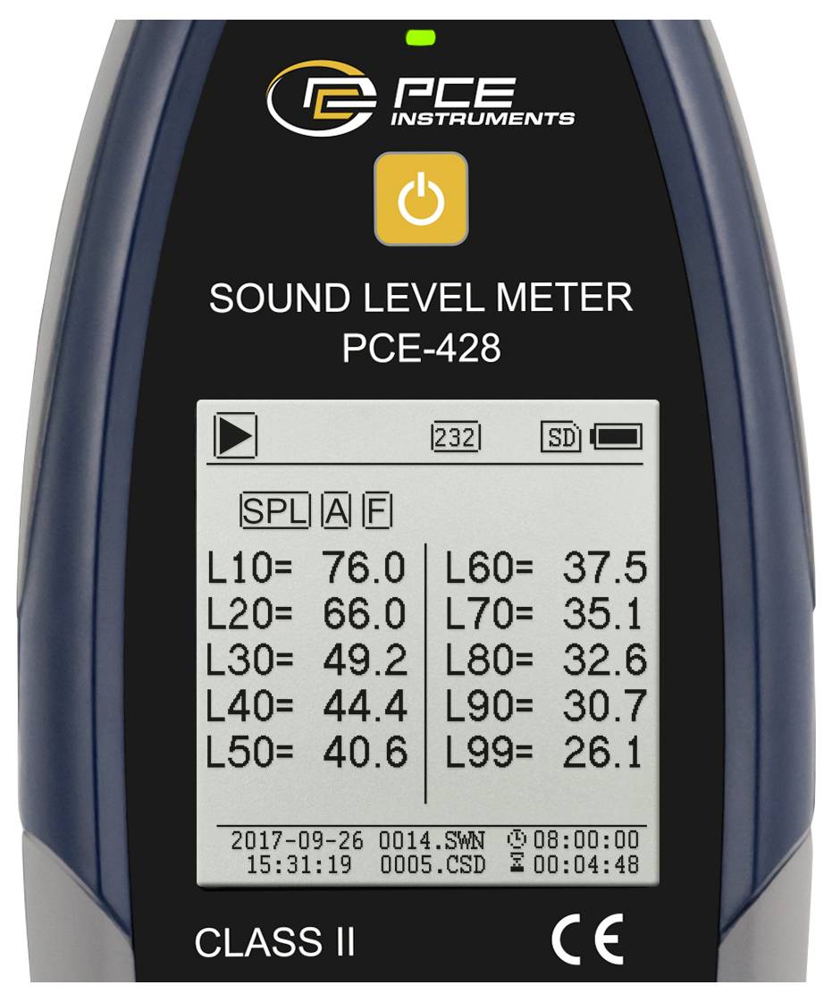 Handheld PCE-meetinstrumenten geluidniveaumeter PCE-428 met huidige SPL-aflezingen en decibelwaarden op het display.