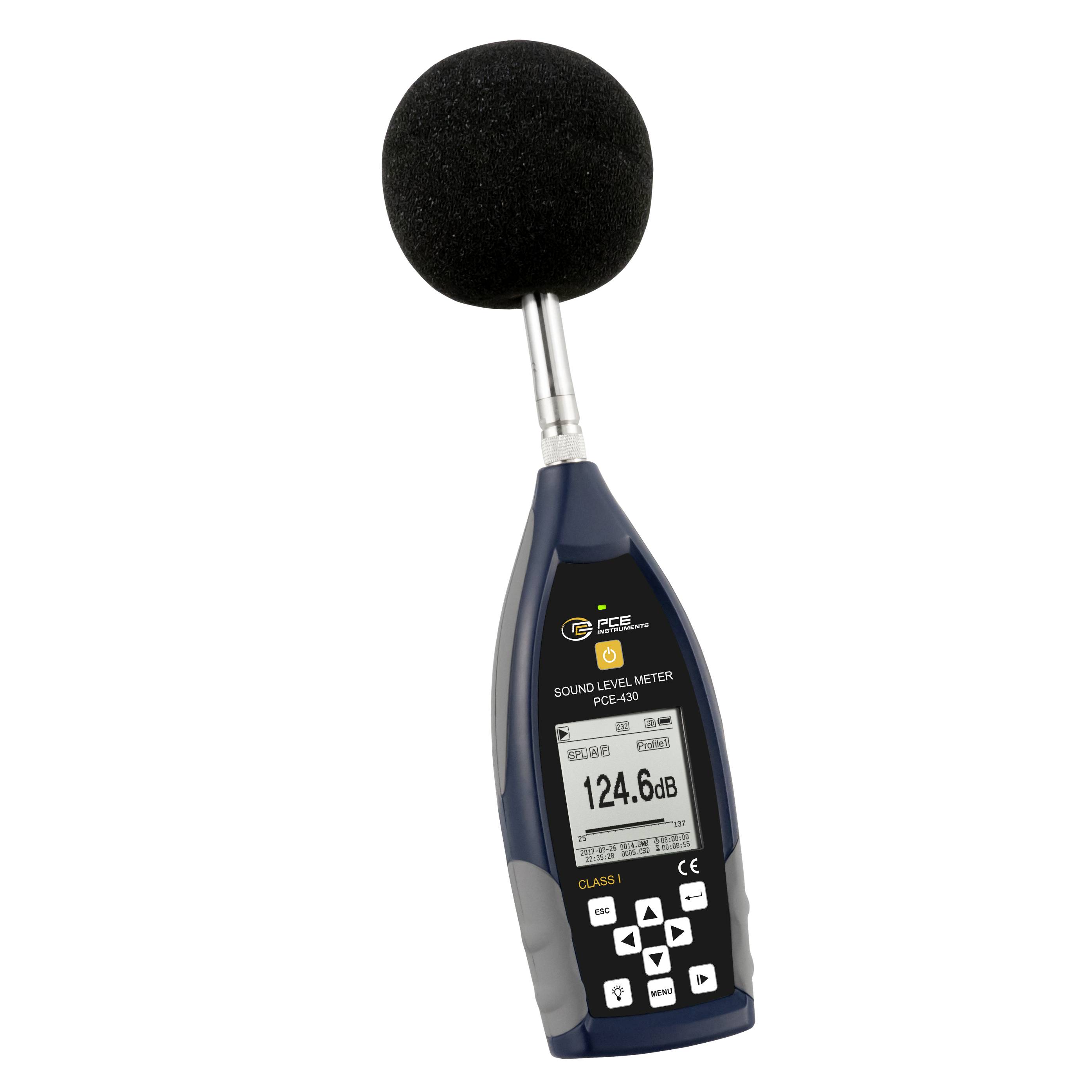 Draagbare geluidsintensiteitsmeter met schuimwindscherm microfoon die 124,6 dB weergeeft.