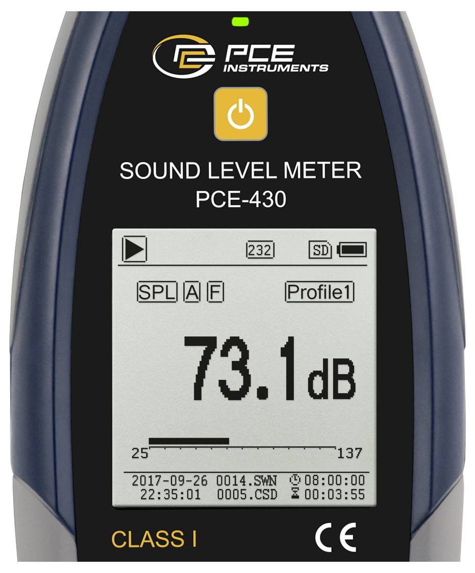 PCE Instruments geluidsniveaumeter PCE-430 met weergave van 73,1 dB, met SPL-modus en profiel op het scherm.