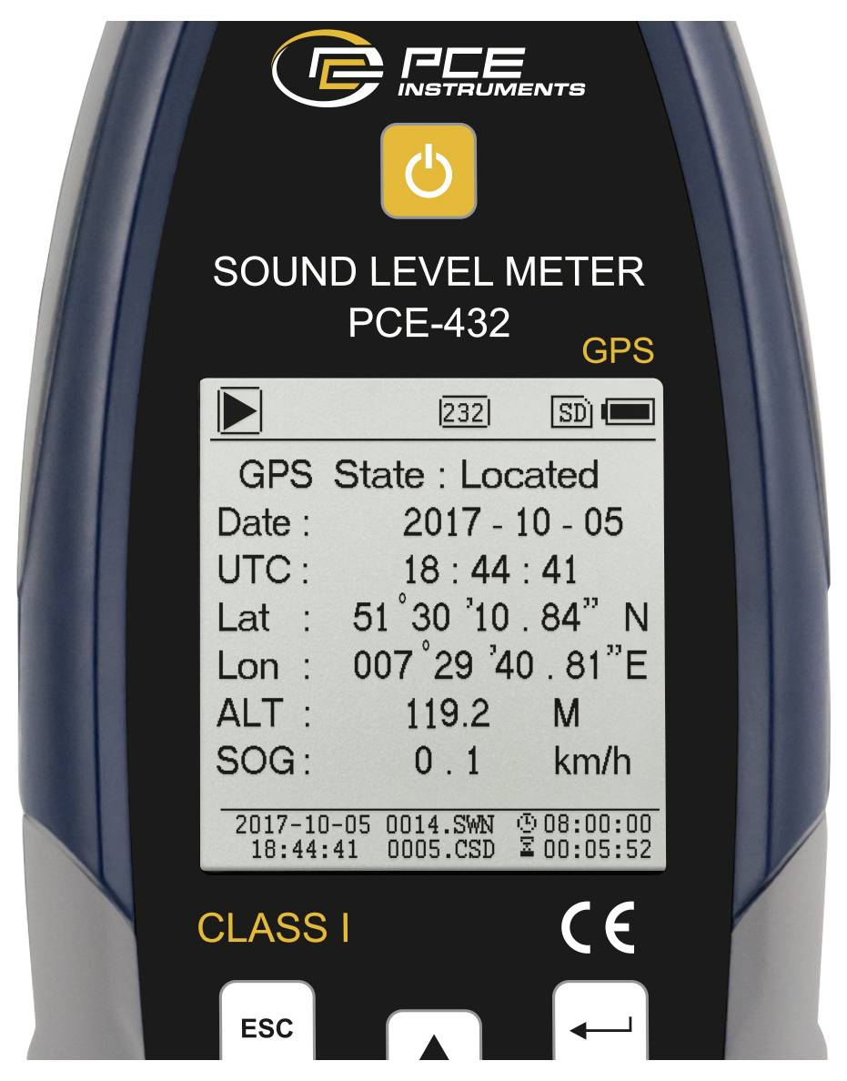 Voorkant van een PCE Instruments Geluidsniveaumeter PCE-432 die GPS-status 'Located' en coördinaten toont, met Class I- en CE-markeringen.