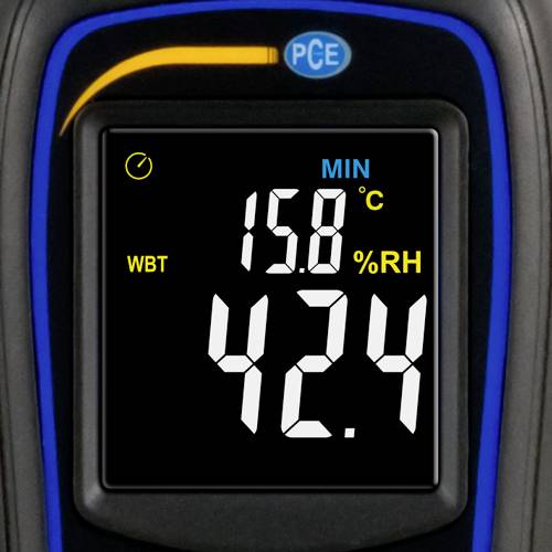 Digitaal meetinstrument met display: 15,8 MIN °C en 42,4 % RV.