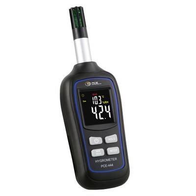 Handheld digitale hygrometer met 103°C en 42,4% RH op het display, met hold- en mode-knoppen.
