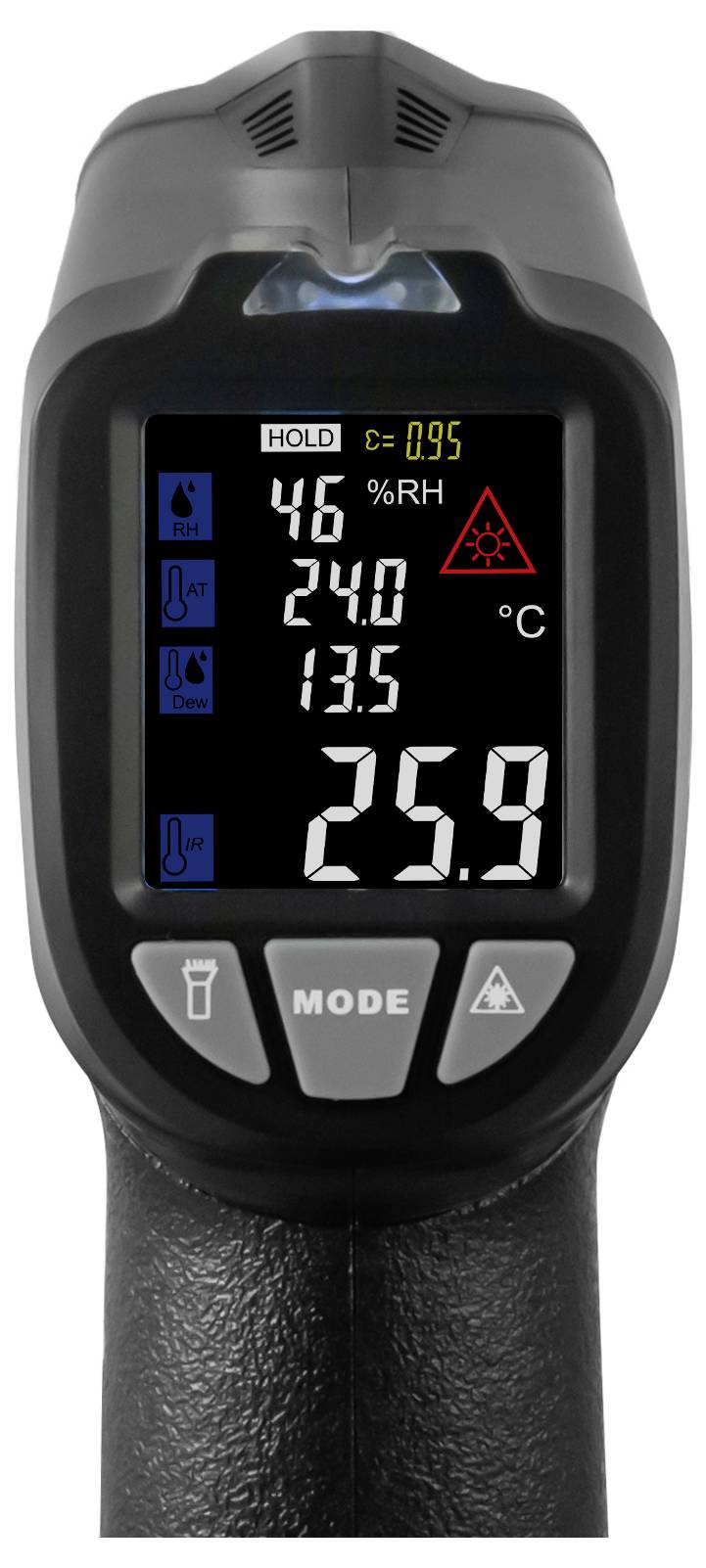 Draagbare meter met weergave van vochtigheid, temperatuur en dauwpuntwaarden: 46% RV, 24,0°C, 13,5 en 25,9°C.