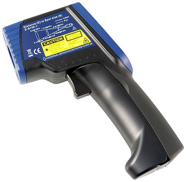 Een contactloze infrarood-thermometer in blauw en zwart voor temperatuurmeting op afstand met veiligheidswaarschuwingen.