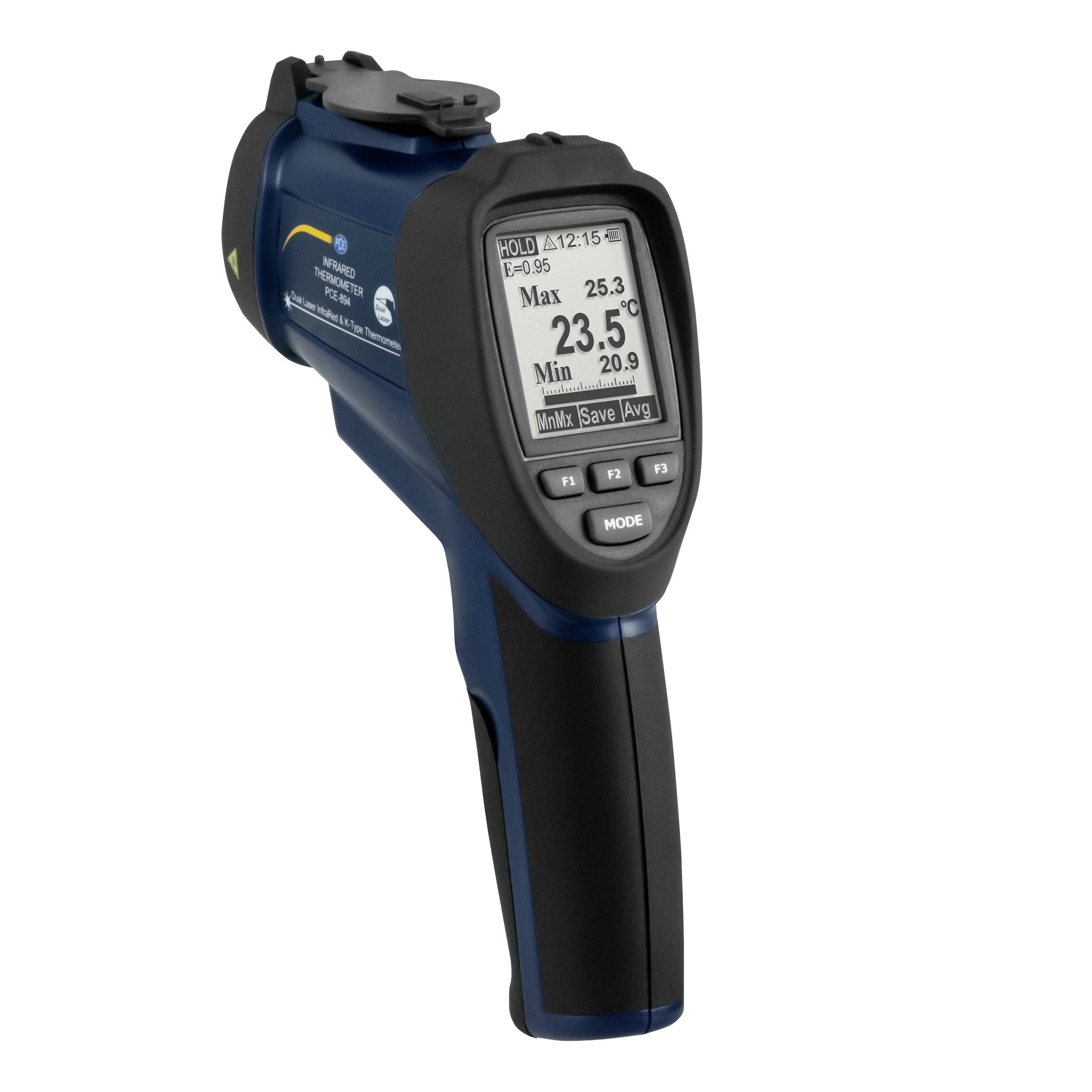 Handheld infraroodthermometerpistool met digitaal display met 23,5°C, max 25,3 en min 20,9.