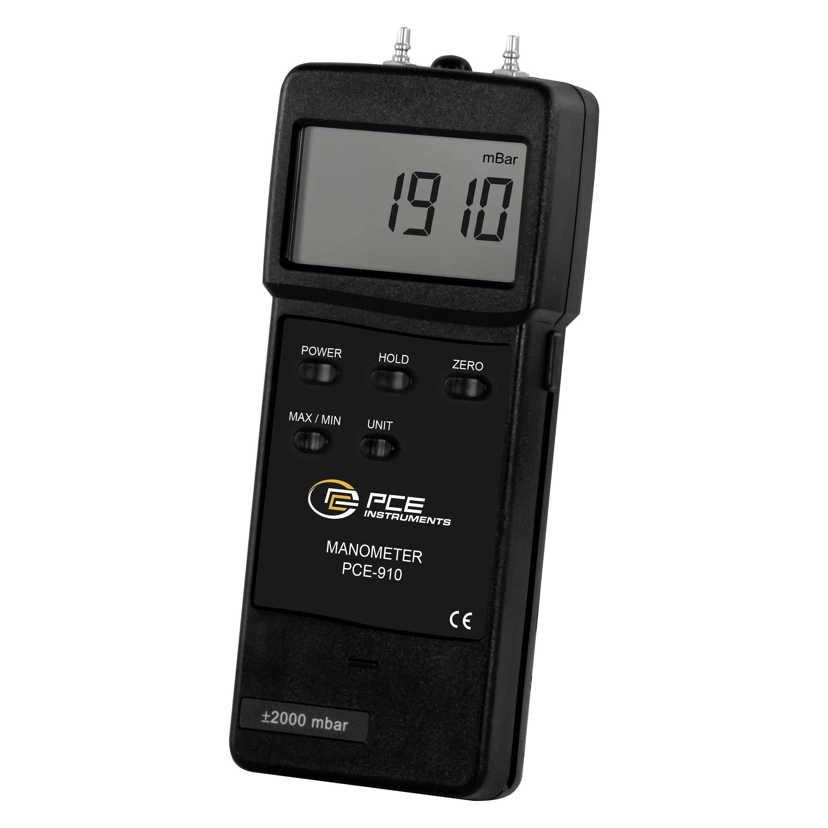 Digitale handmanometer met display van 1910 mBar, met knoppen voor voeding, uithouden, nul, max/min en eenheid.