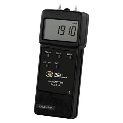 Digitale handmanometer met display van 1910 mBar, met knoppen voor voeding, uithouden, nul, max/min en eenheid.
