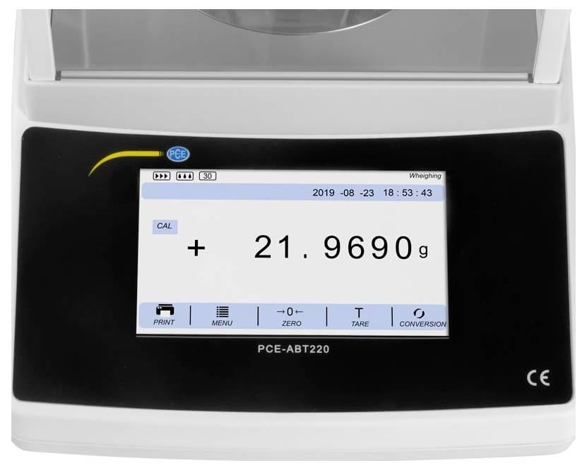 Digitale laboratoriumweegschaal-display met een weegreultaat van 21.9690 g, met CAL-indicator en opties voor afdrukken, menu, nulstellen, tarra en conversie.