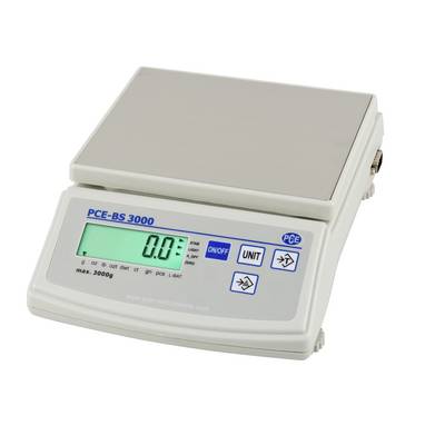 Digitale weegschaal gelabeld 'PCE-BS 3000' met een display dat 0,0 aangeeft en knoppen voor aan/uit en eenheid selectie.