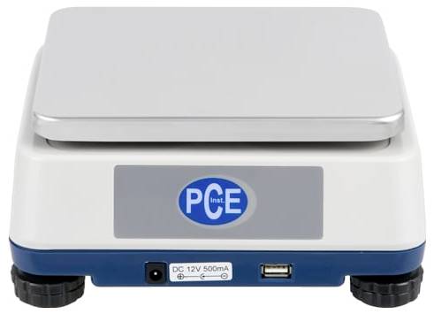 Compact wit en blauw apparaat met een gesloten bovenkant, PCE-logo, DC 12V 500mA voedingsingang, USB-poort en rubberen voetjes.