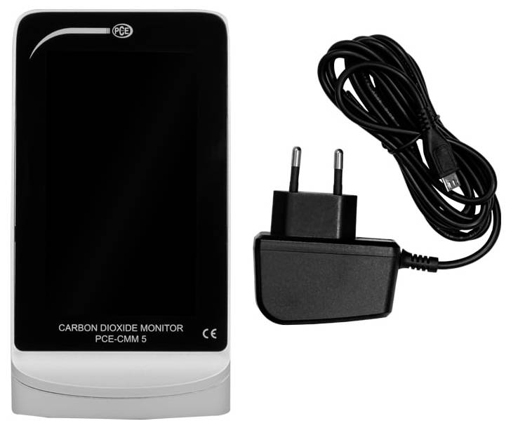 Kooldioxide-monitor met voedingsadapter en kabel, gelabeld 'PCE-CMM 5'.