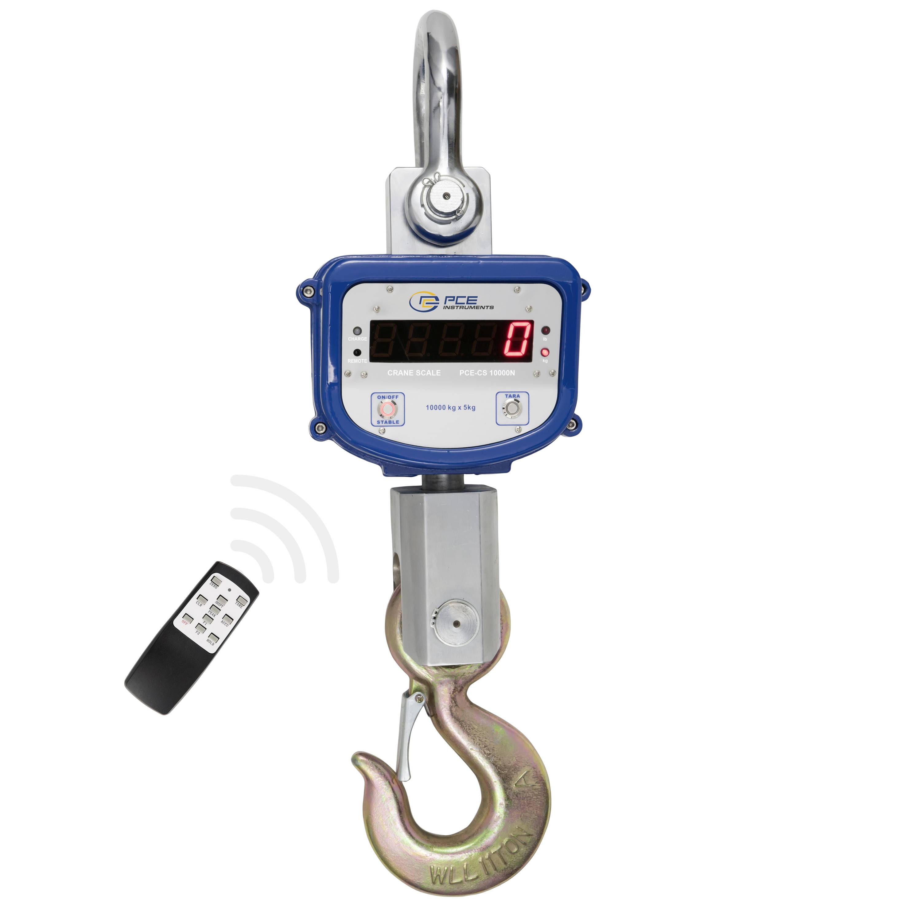 Digitale kraanweegschaal met haak en afstandsbediening, weergegeven nul op een blauwe hangende belastingmeter.