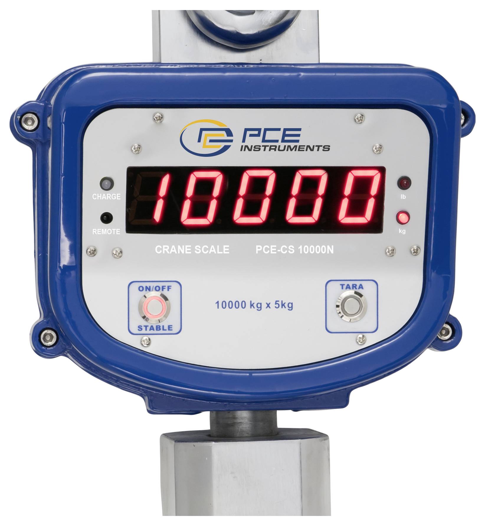 Digitale kraanweegschaal met display dat 10000 aangeeft op een PCE Instruments hangweegschaal, met aan/uit- en tarra-bediening.